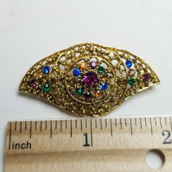 Vintage Jewel Tone Rhinestone Eye Shape Brooch, Gold Tone Setting, Estate - Picture 4 of 6